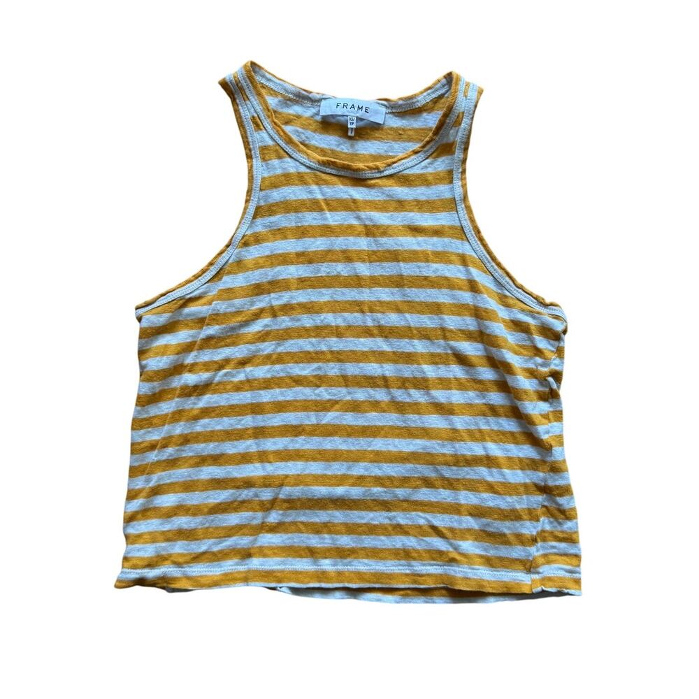 Frame Ringer Stripe Organic Linen Racerback Crop Tank Top in Yellow Size XS